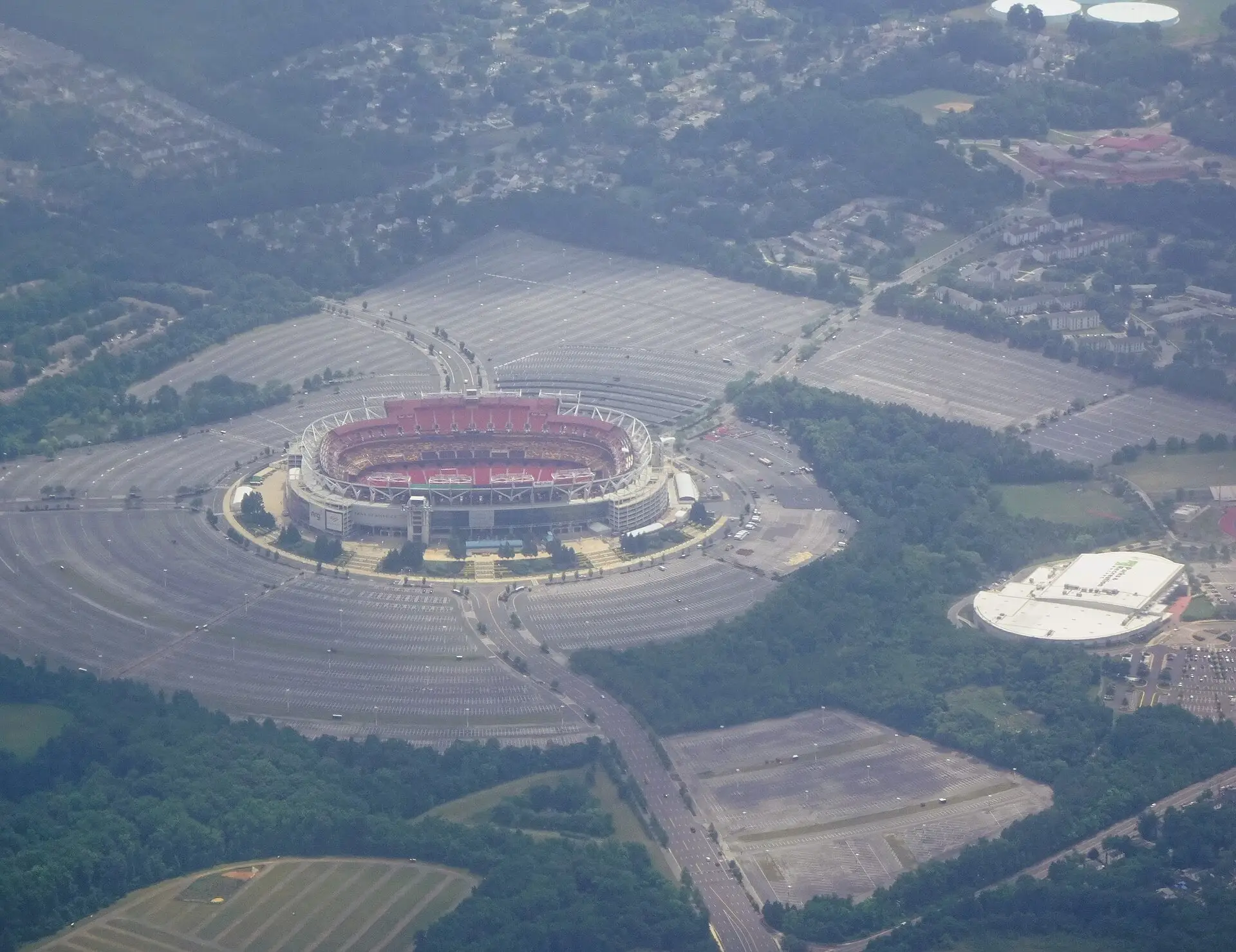 Bird's-eye view of the Commanders' stadium in Landover, Maryland, taken from a plane approaching Reagan National Airport in June 2023 (shown before the Northwest Stadium renaming)