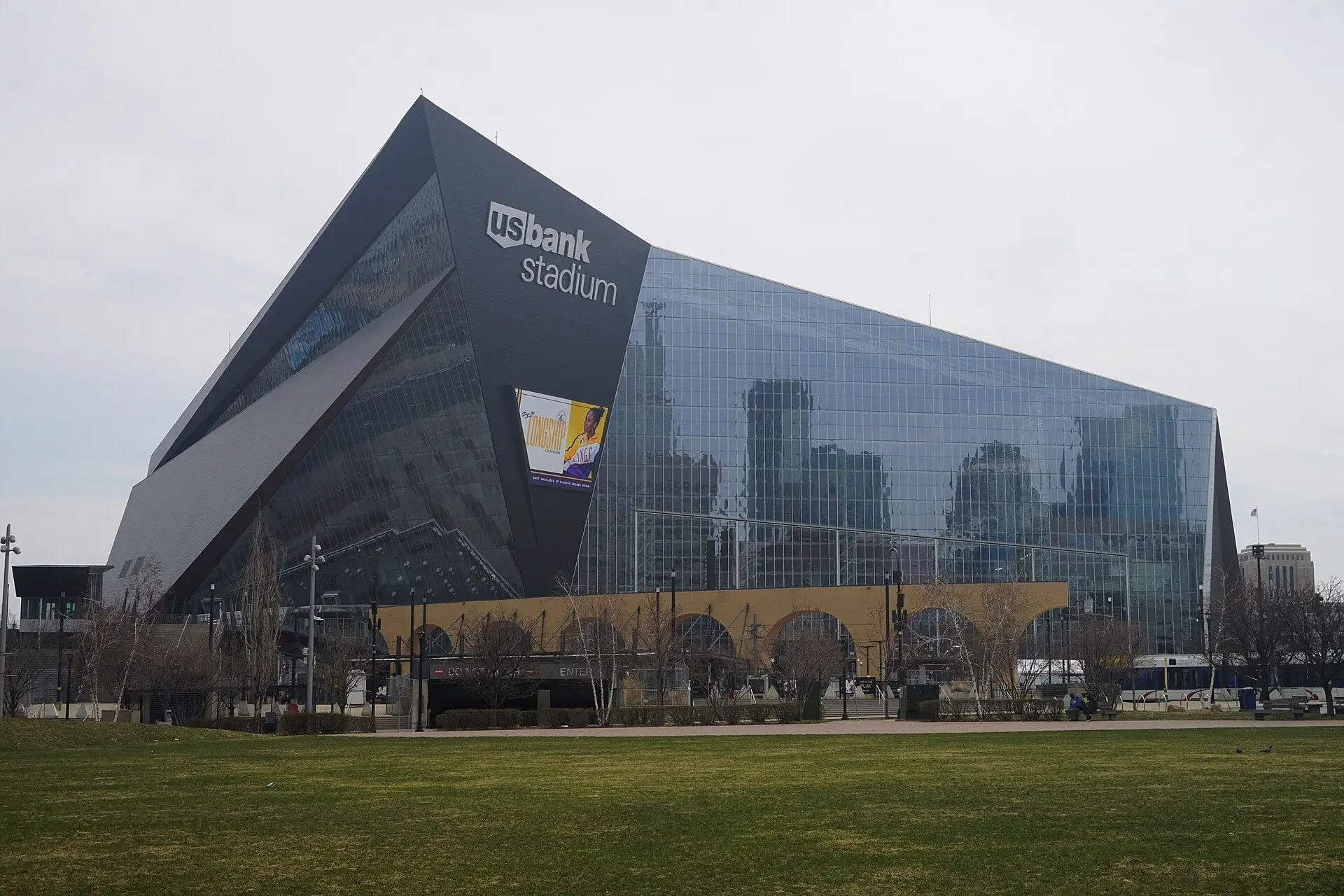 U.S. Bank Stadium's angular glass-and-metal exterior in downtown Minneapolis
