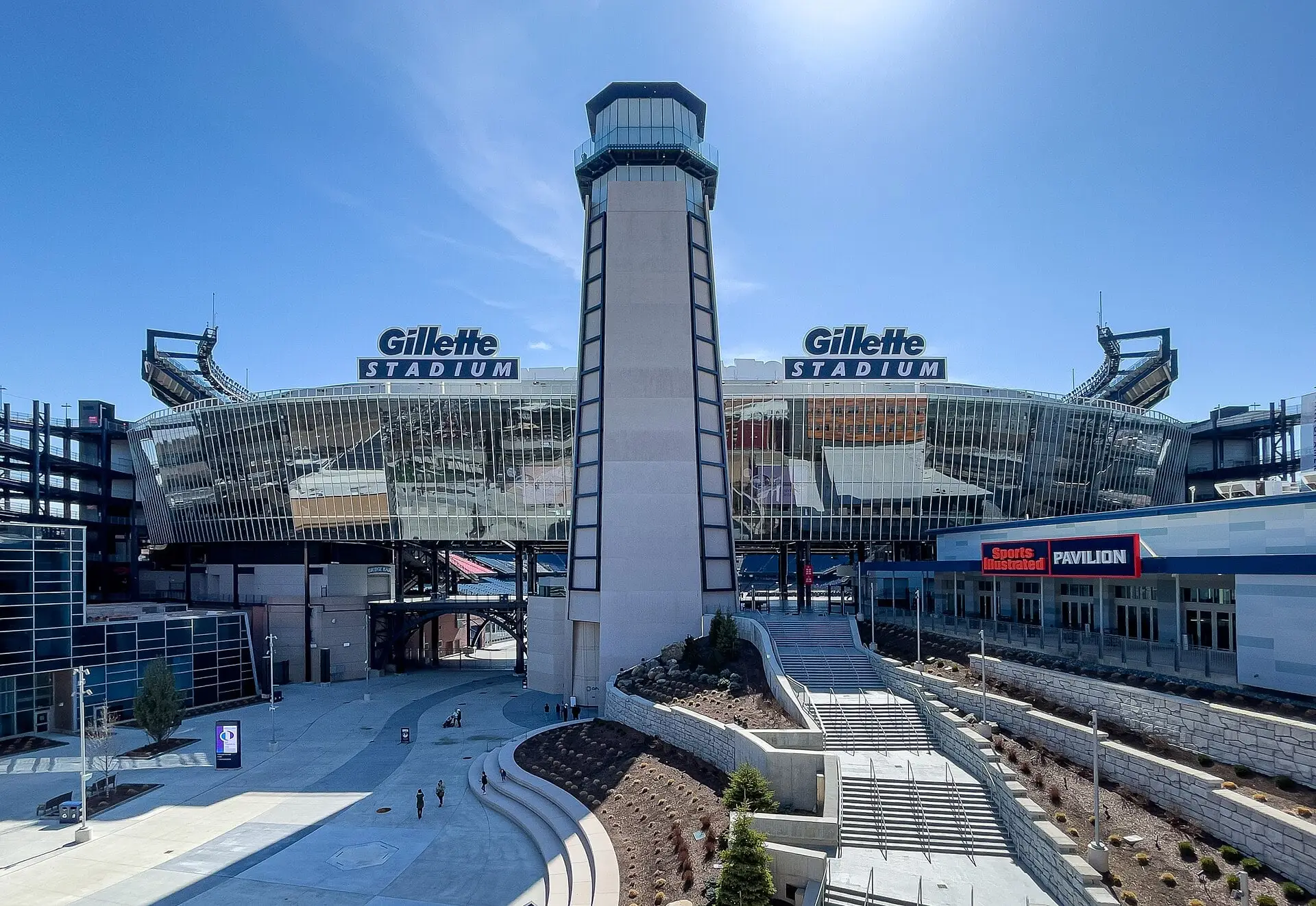 Gillette Stadium entrance and lighthouse at Patriot Place in Foxborough, Massachusetts, March 2025