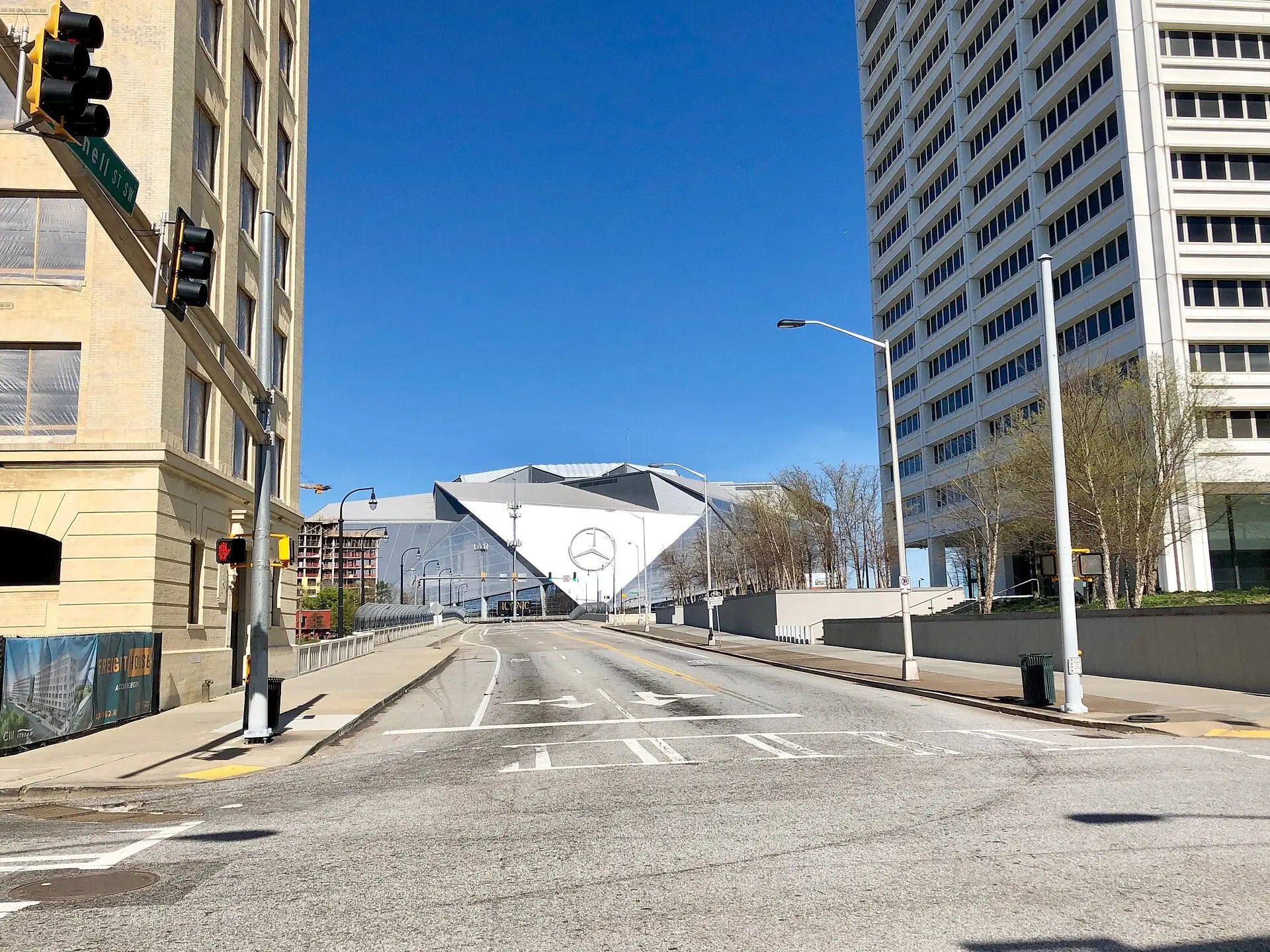 Mercedes-Benz Stadium seen from Mitchell Street in downtown Atlanta