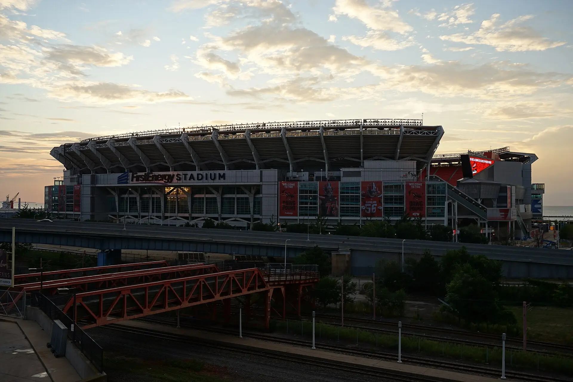 Exterior of the Cleveland Browns' stadium on the Lake Erie waterfront, shot in August 2015 when it was called FirstEnergy Stadium