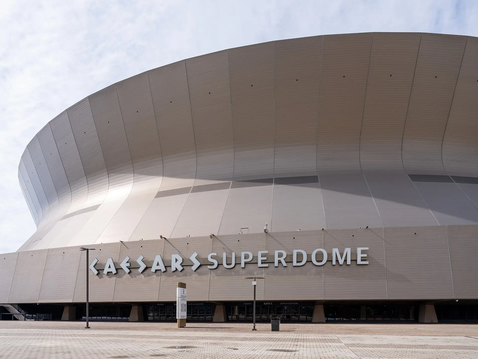 Exterior of the Caesars Superdome in downtown New Orleans, photographed in February 2026