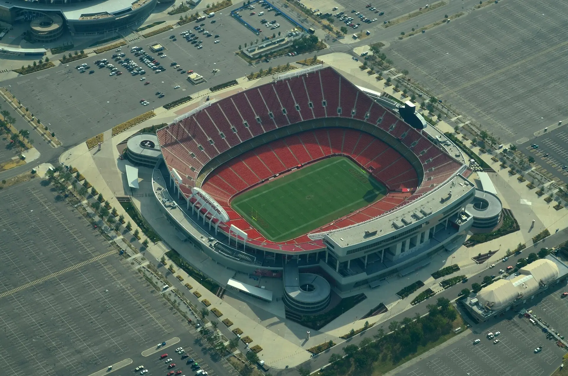 Aerial view of Arrowhead Stadium and its surrounding parking lots in Kansas City