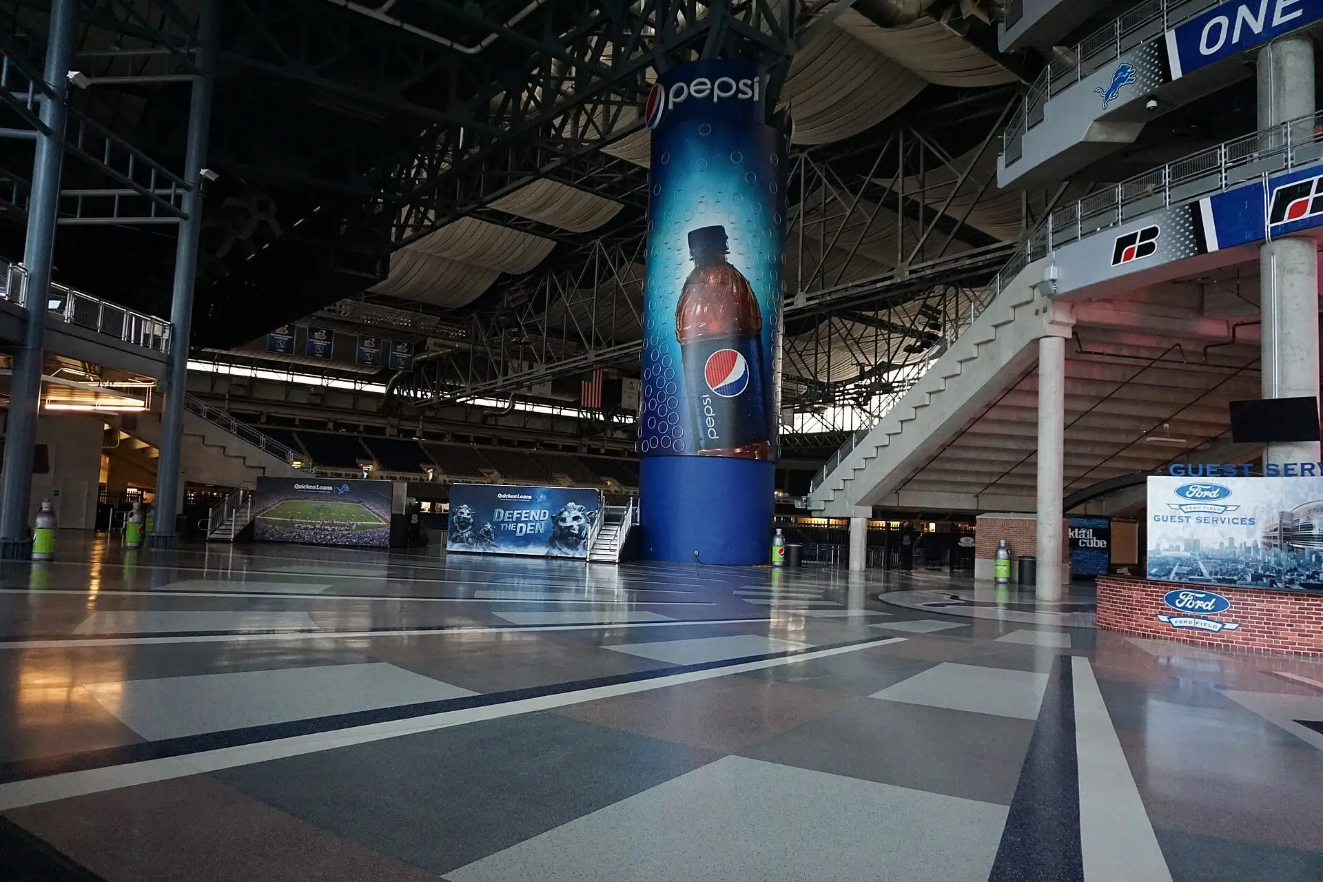 Interior of Ford Field in Detroit, looking across the enclosed seating bowl