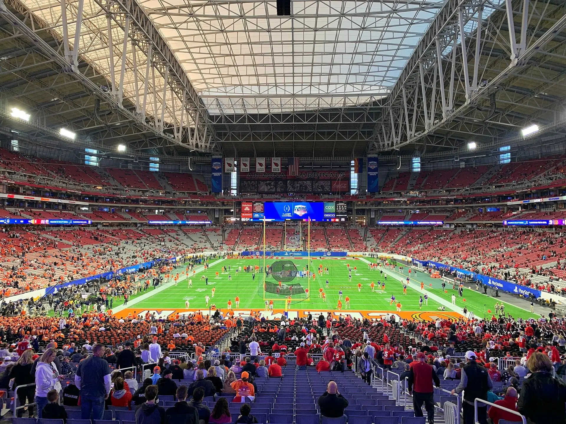 Seating bowl and field of State Farm Stadium before the 2019 Fiesta Bowl, seen from the south end