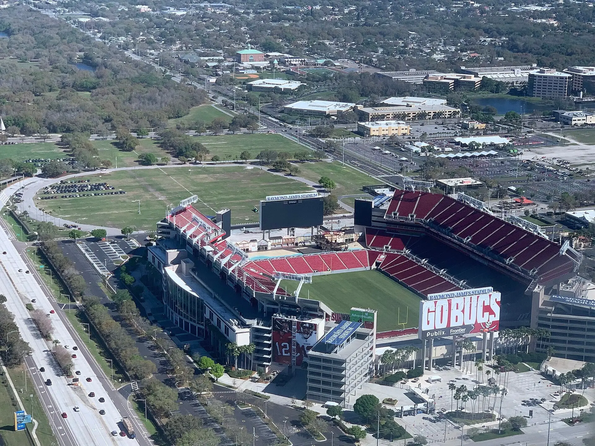 Aerial view of Raymond James Stadium in Tampa, Florida, near Tampa International Airport, February 2021