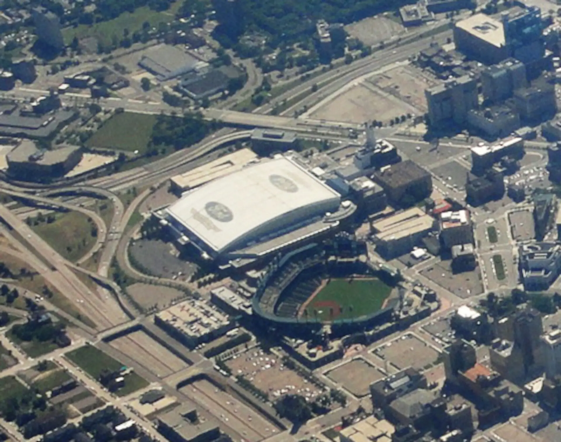Aerial view of downtown Detroit with Ford Field and neighboring Comerica Park
