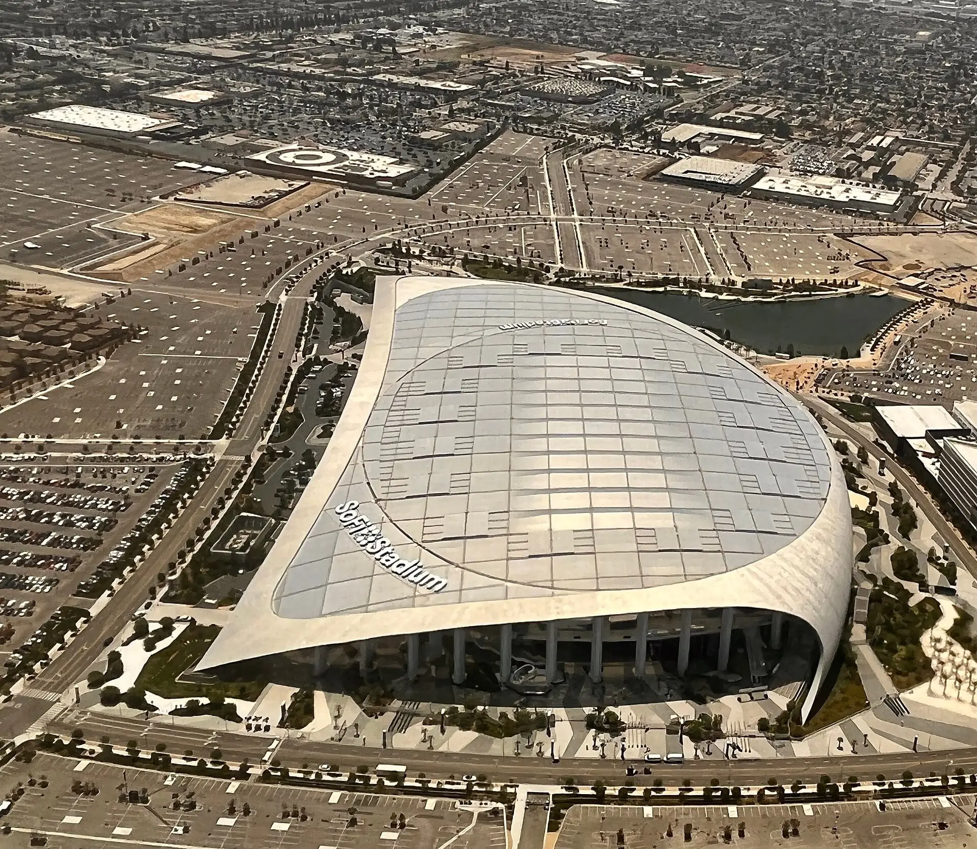 Aerial view of SoFi Stadium and its canopy in Inglewood in July 2022