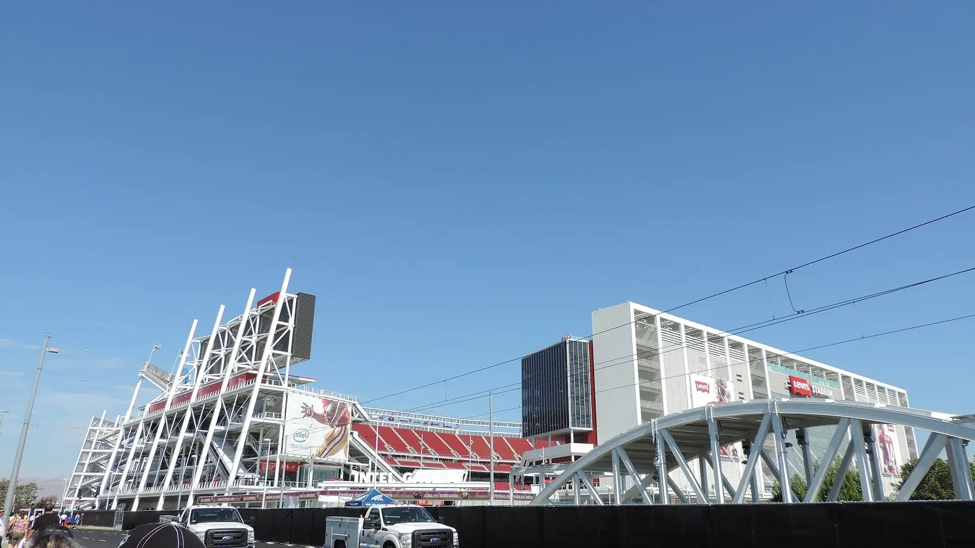 Wide exterior view of Levi's Stadium in Santa Clara, California, at its first sporting event in August 2014