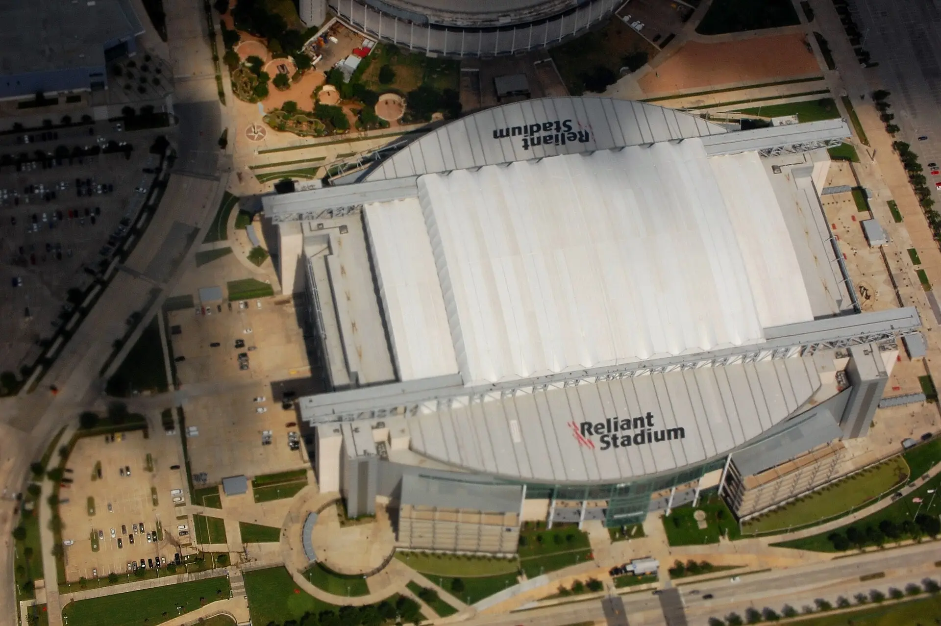 Aerial view of the stadium and surrounding Reliant Park from the approach to Hobby Airport