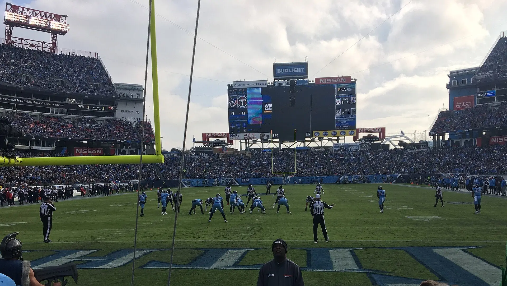 Titans offense lining up at the line of scrimmage inside Nissan Stadium during a December 2019 game against Houston