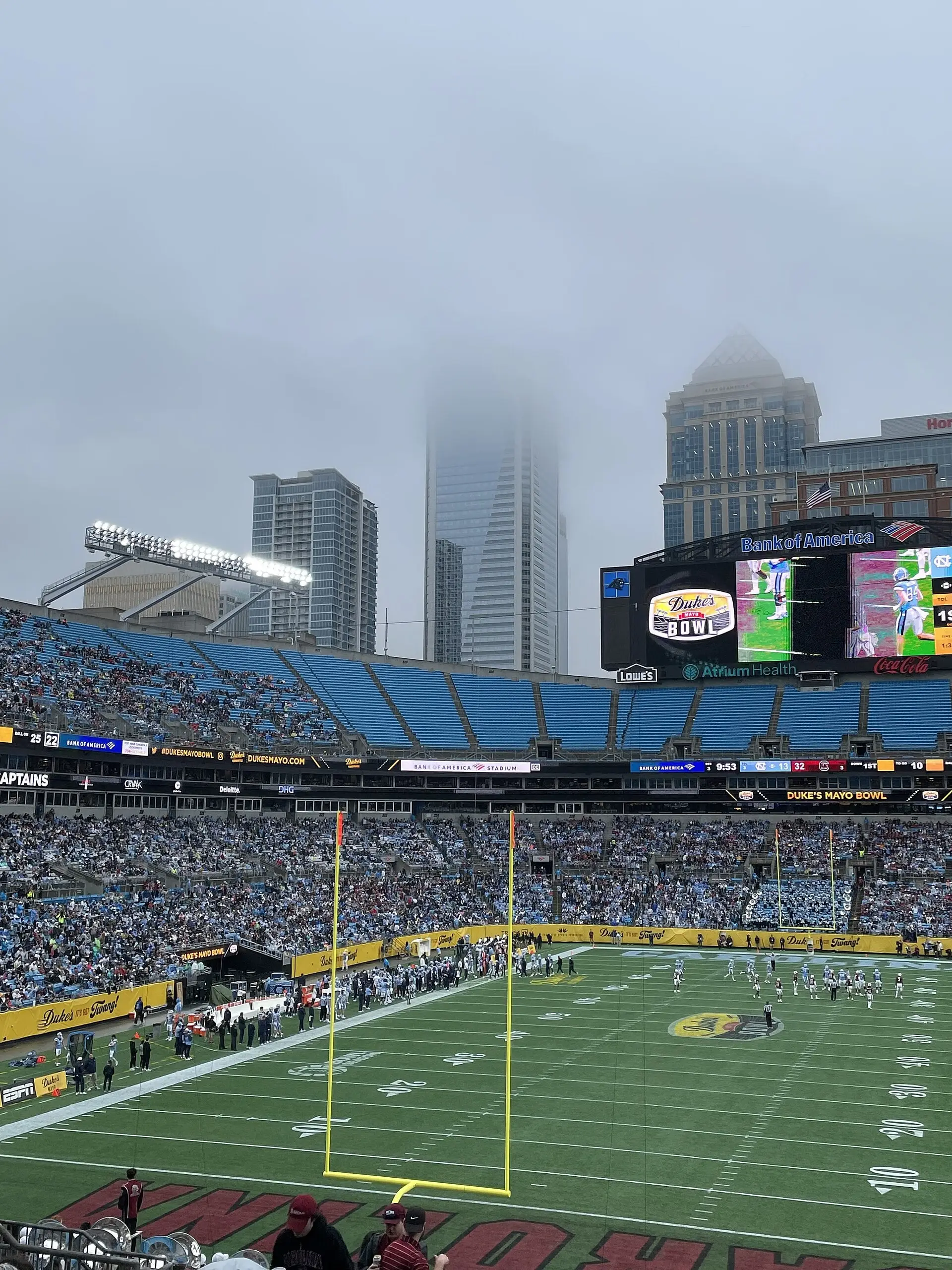 Bank of America Stadium with the Charlotte skyline behind it during the 2021 Duke's Mayo Bowl