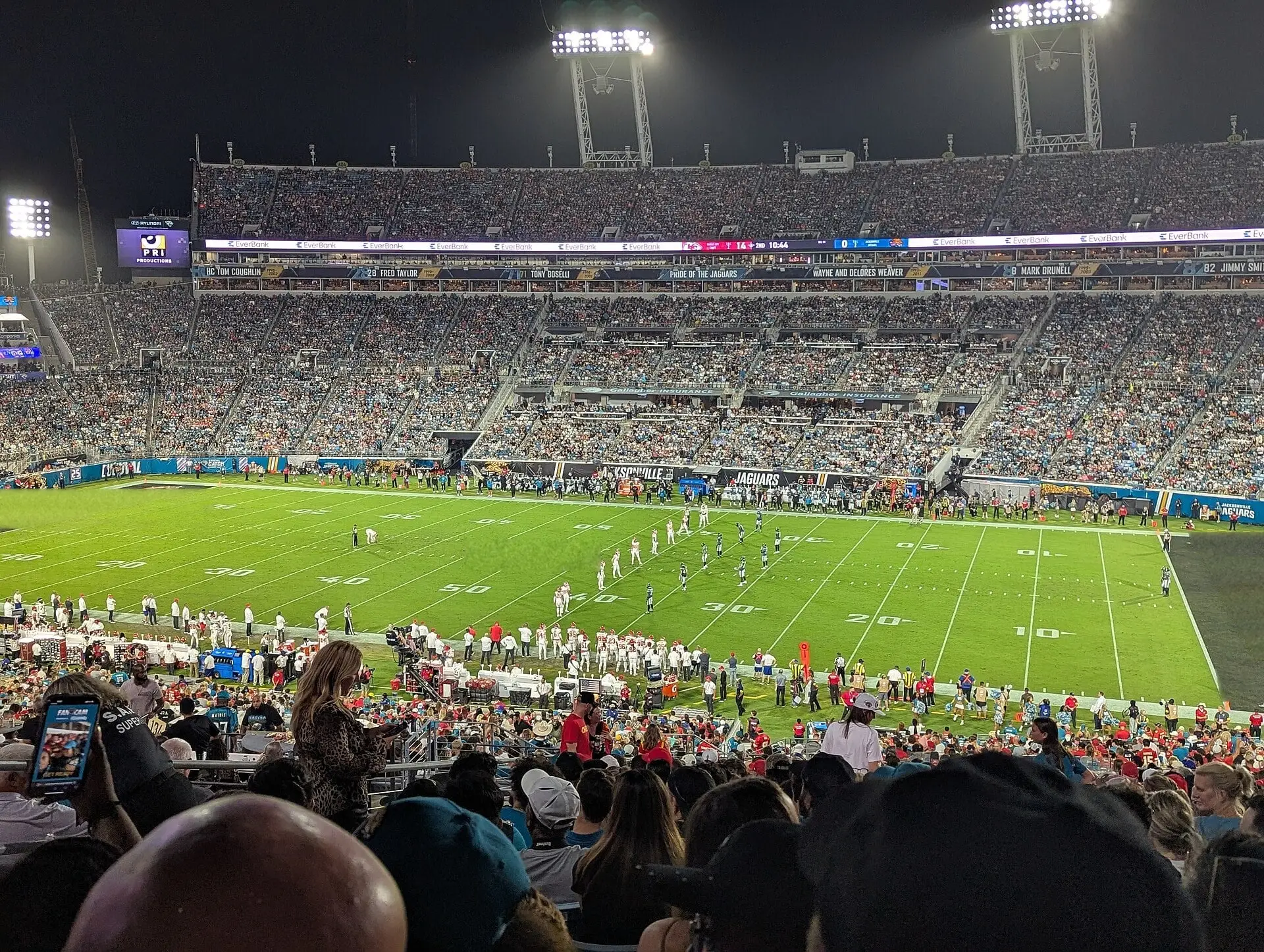 Kickoff in the second quarter of the Chiefs-Jaguars game at EverBank Stadium on October 5, 2025, before renovation work reduced seating