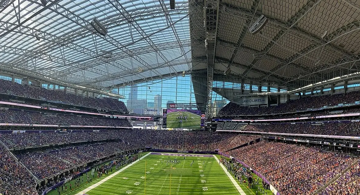 Panorama of the U.S. Bank Stadium seating bowl during a Vikings scrimmage