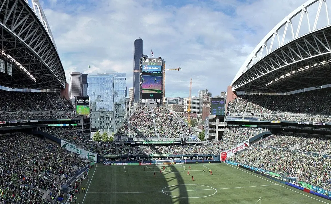 Panorama of the Lumen Field seating bowl taken from upper-level section 324