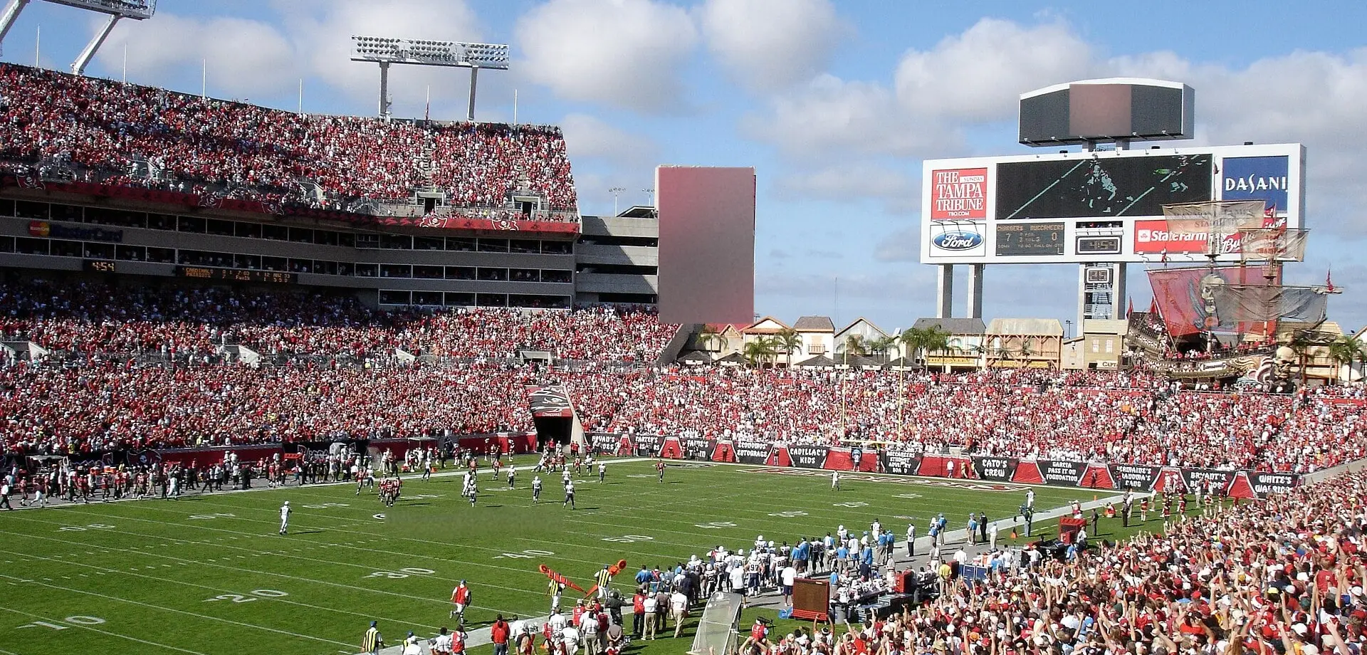Raymond James Stadium during a Buccaneers game, with the pirate ship in the end zone