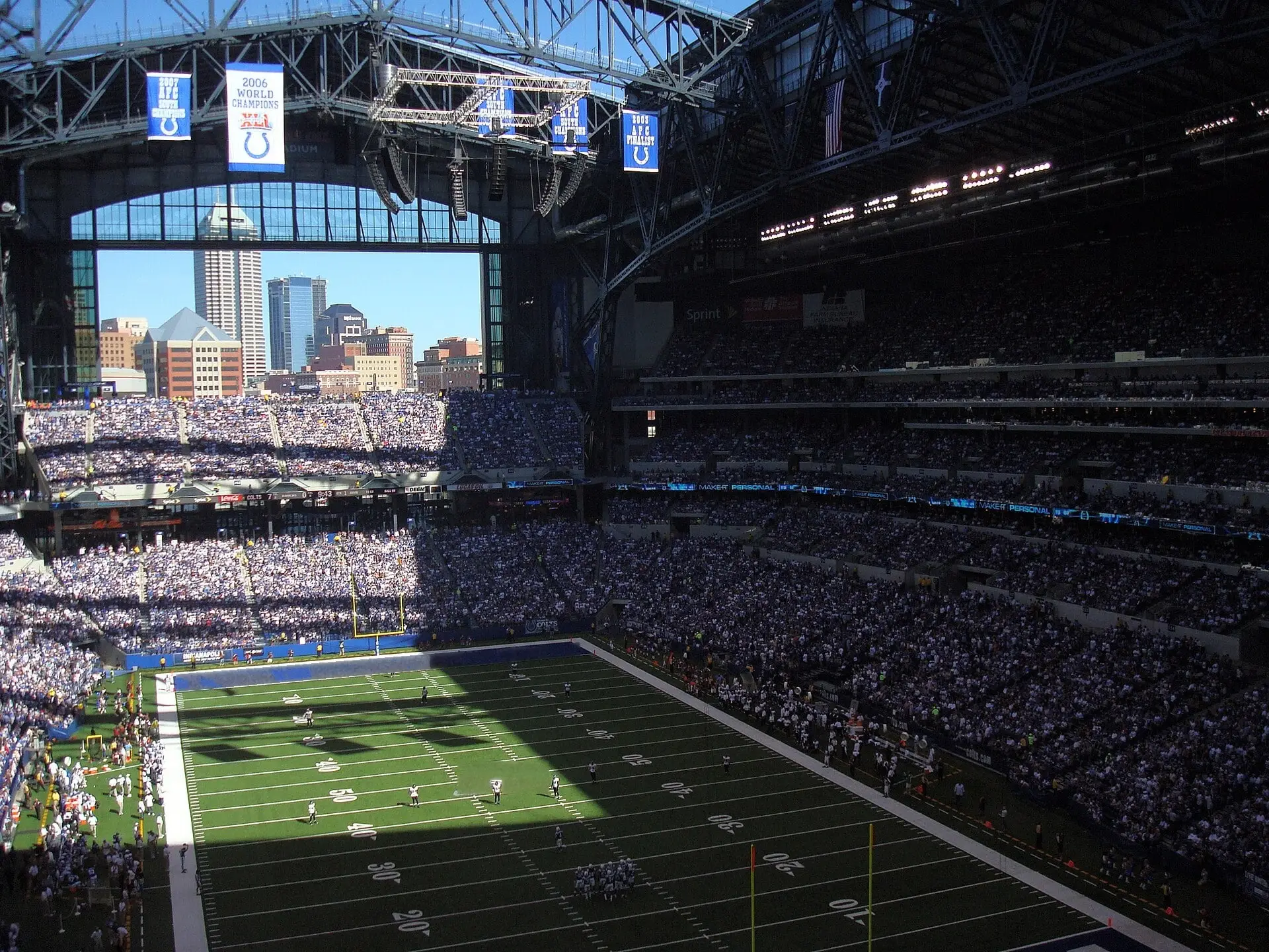 Seating bowl and field at Lucas Oil Stadium looking northeast during a Colts-Ravens game in 2008